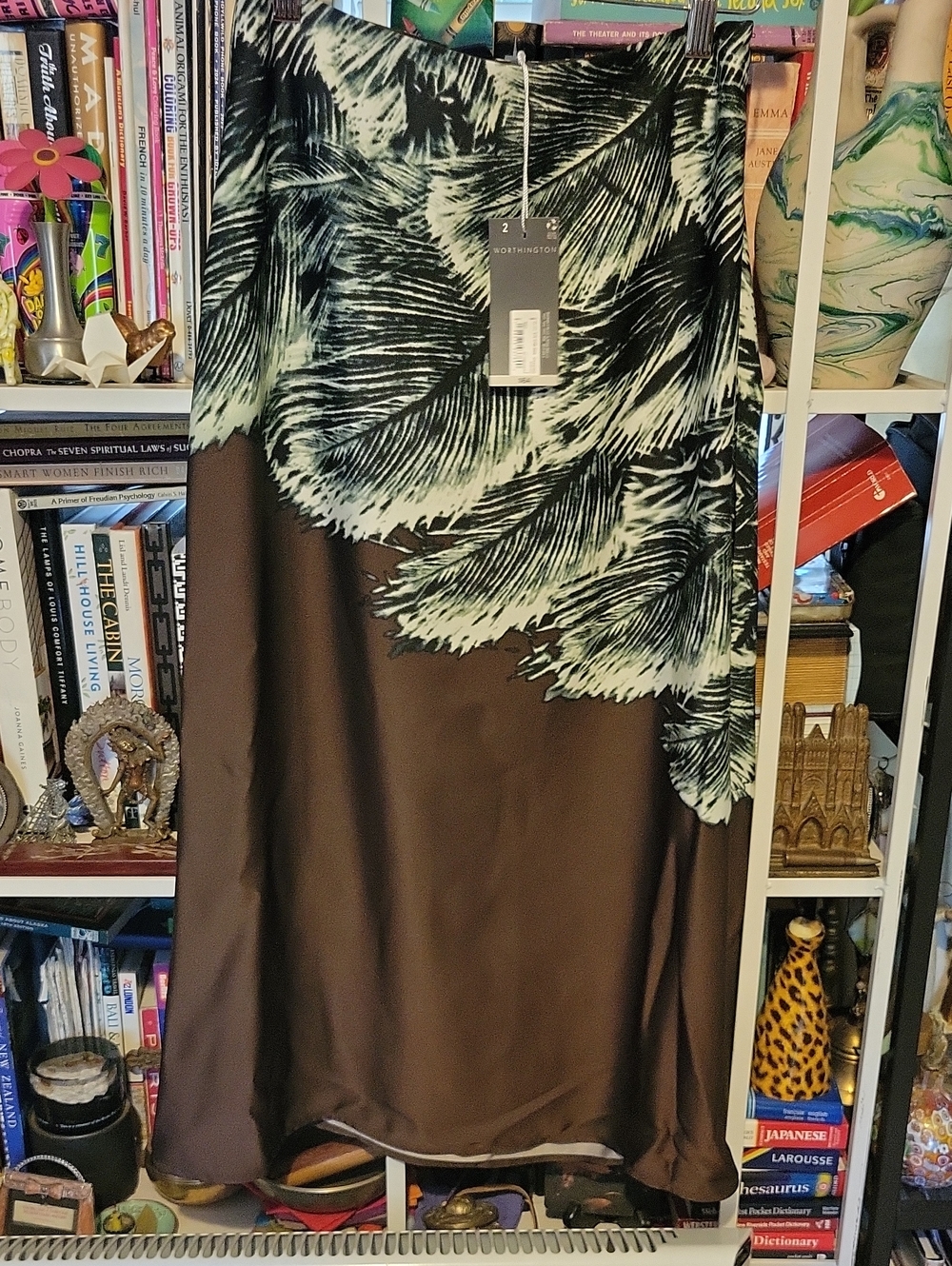 Worthington Midi Skirt Chocolate Brown With Green Leaf Print Size 2